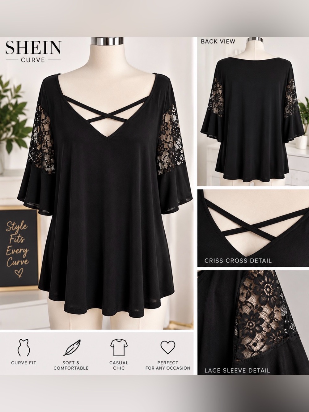 SHEIN CURVE black short sleeve blouse size 4XL